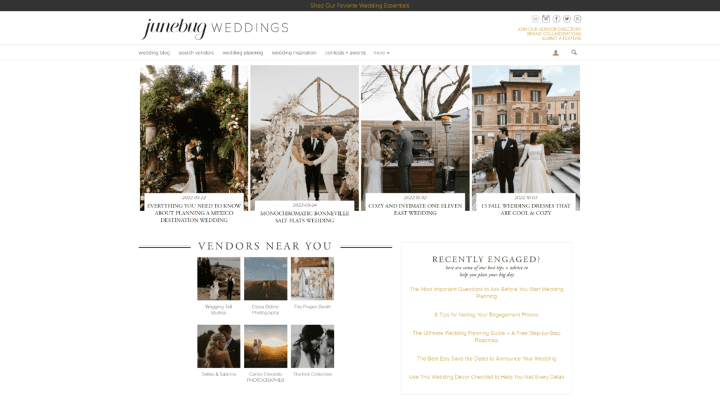 screenshot of the junebug weddings homepage