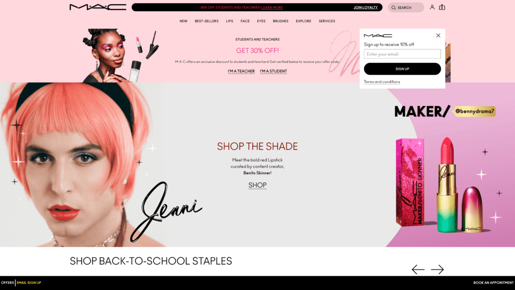 screenshot of the mac cosmetics homepage