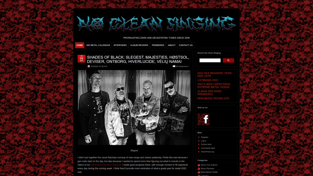 screenshot of the no clean singing homepage