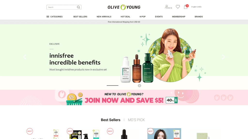 screenshot of the olive young homepage