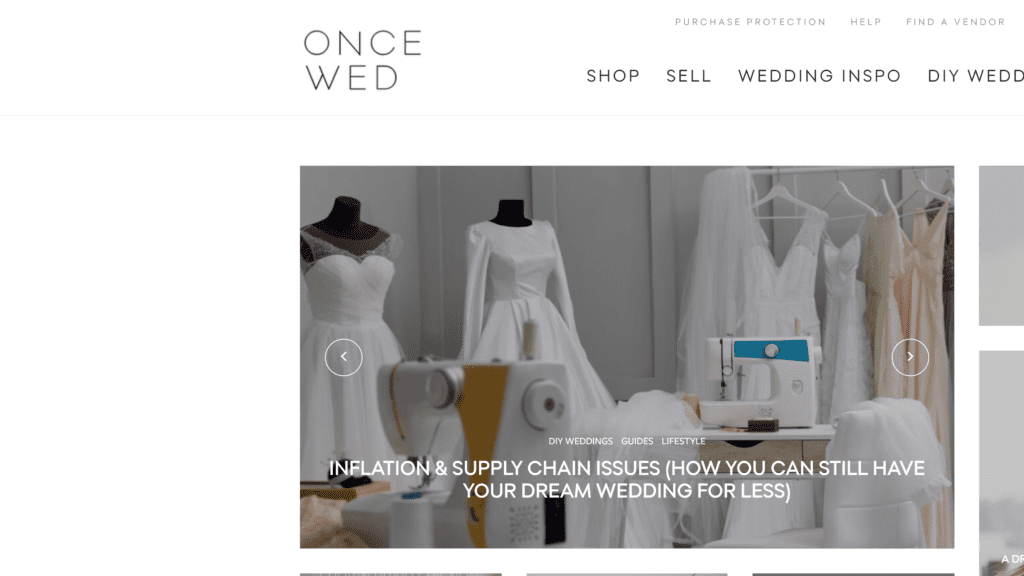 screenshot of the once wed homepage