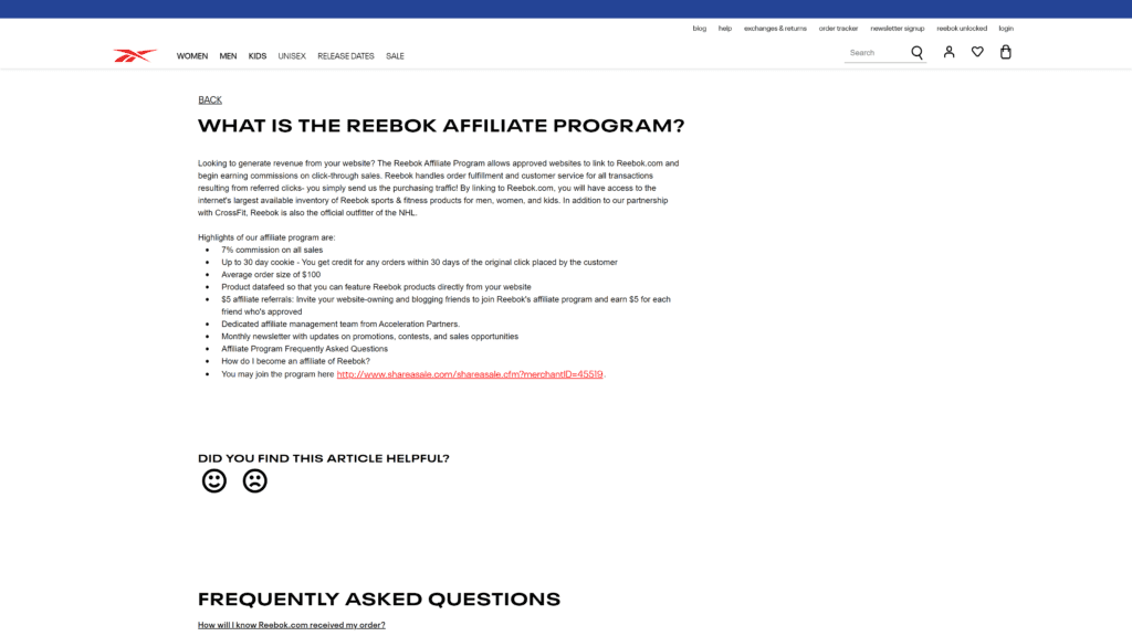 Reebok Affiliate Program homepaage screenshot 1