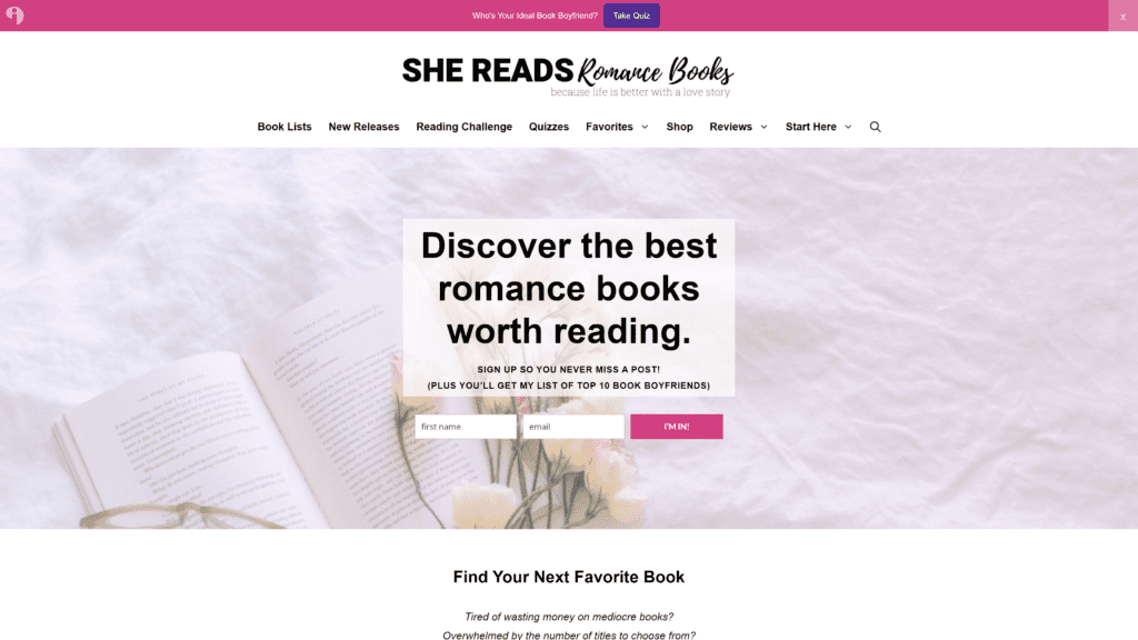 screenshot of she reads romance books homepage