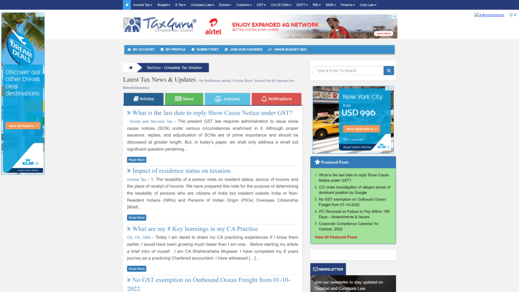 screenshot of the tax guru homepage