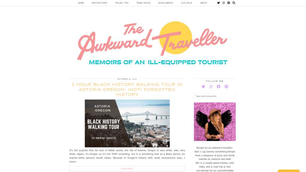 screenshot of the awkward traveler homepage