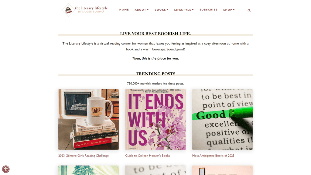 screenshot of the literary lifestyle homepage