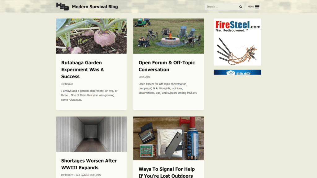 screenshot of the modern survival blog homepage