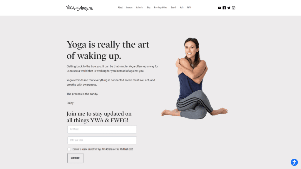 screenshot of the yogawith adriene homepage