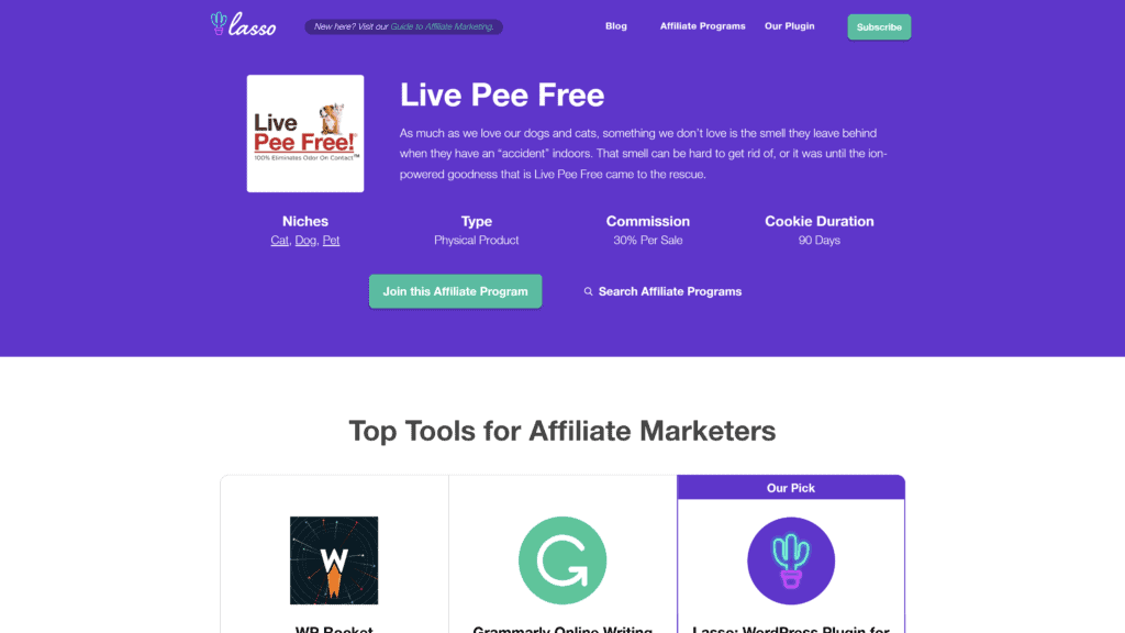 screenshot of the live pee free affiliate program homepage