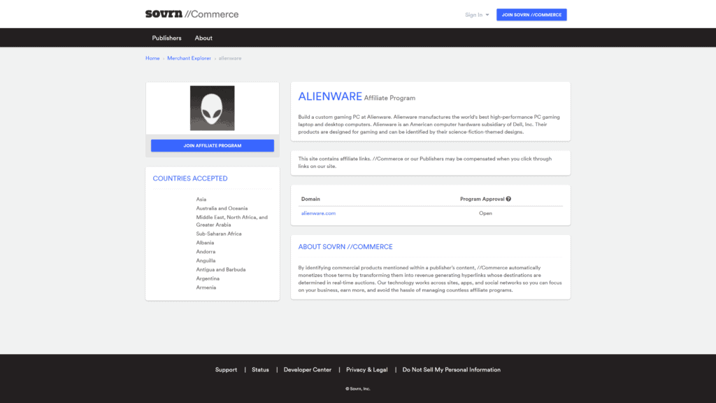 screenshot of the alienware affiliate program homepage