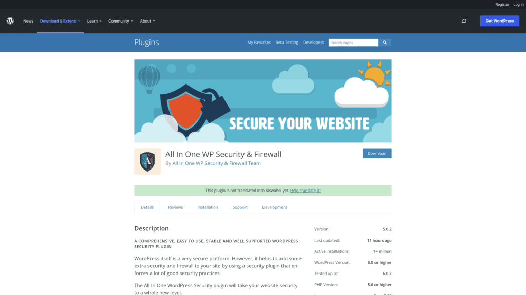 screenshot of the all in one WP security & firewall homepage