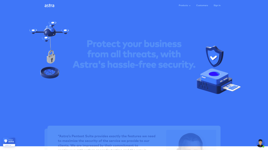 screenshot of the astra security homepage