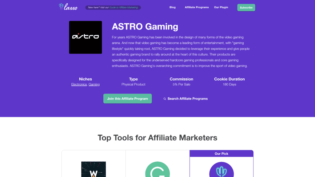 screenshot of the astro gaming affiliate program homepage