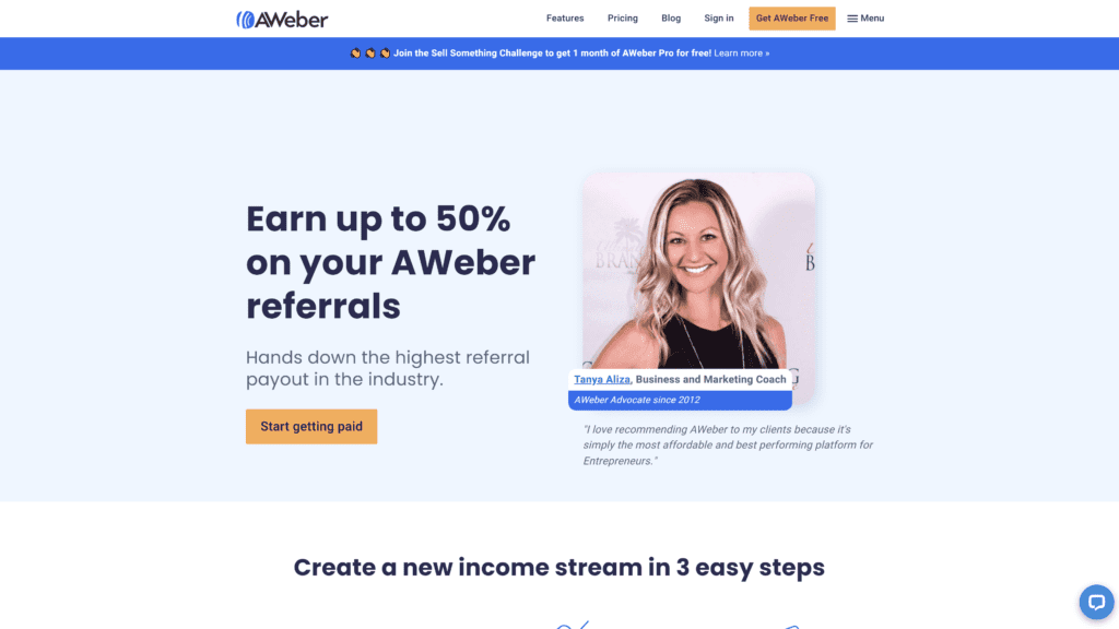screenshot of the aweber affiliate program homepage