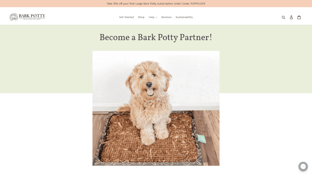 screenshot of the bark potty affiliate program homepage