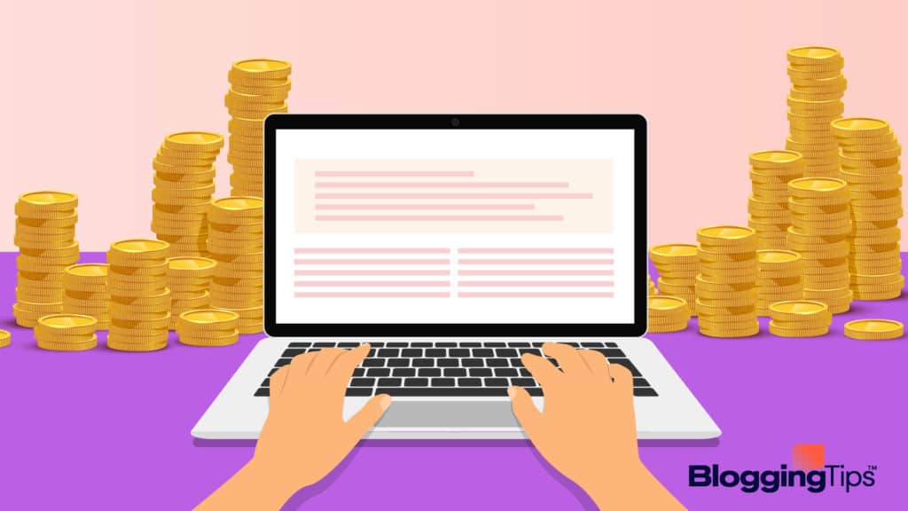 vector graphic showing hands at a keyboard, surrounded by stacks of money for blog sites that pay image