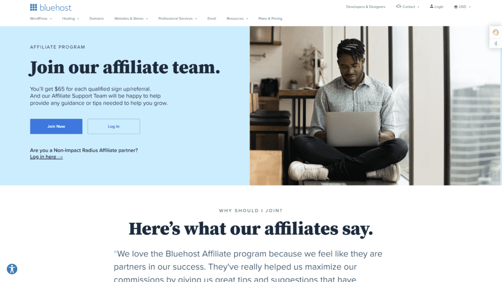 screenshot of the bluehost affiliate program homepage