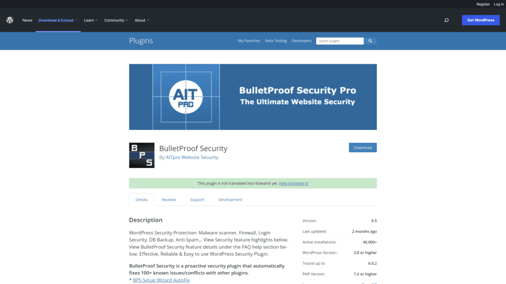screenshot of the bulletproof security homepage