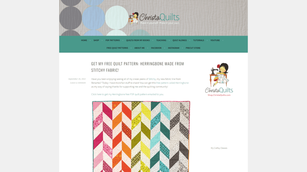 screenshot of the christa quilts homepage