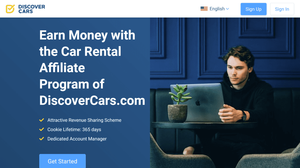 screenshot of the discover cars affiliate program homepage