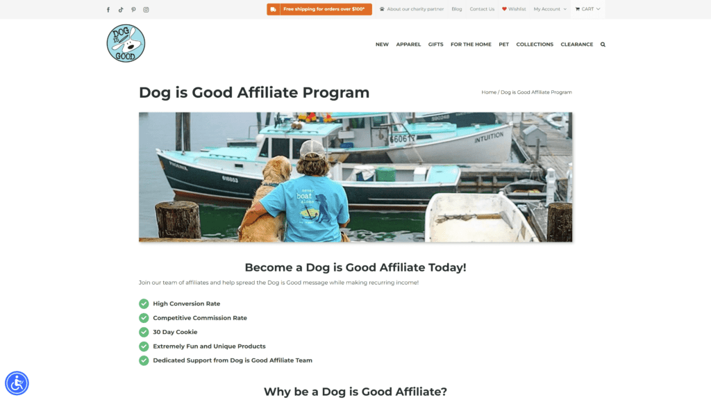 screenshot of the dog is good affiliate program homepage
