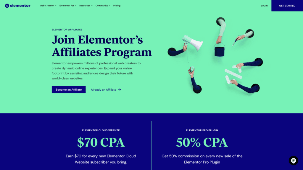 screenshot of the elementor affiliate program homepage
