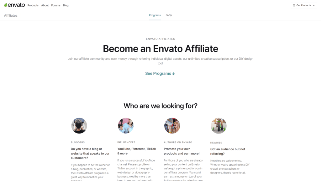screenshot of the envato affiliate program homepage