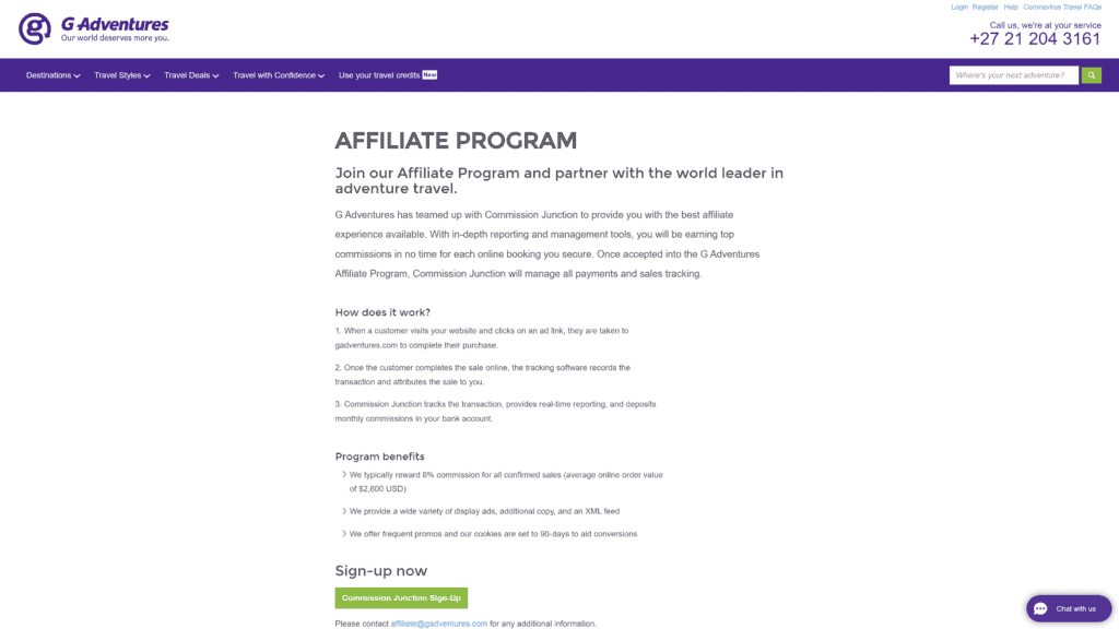 screenshot of the G adventures affiliate program homepage