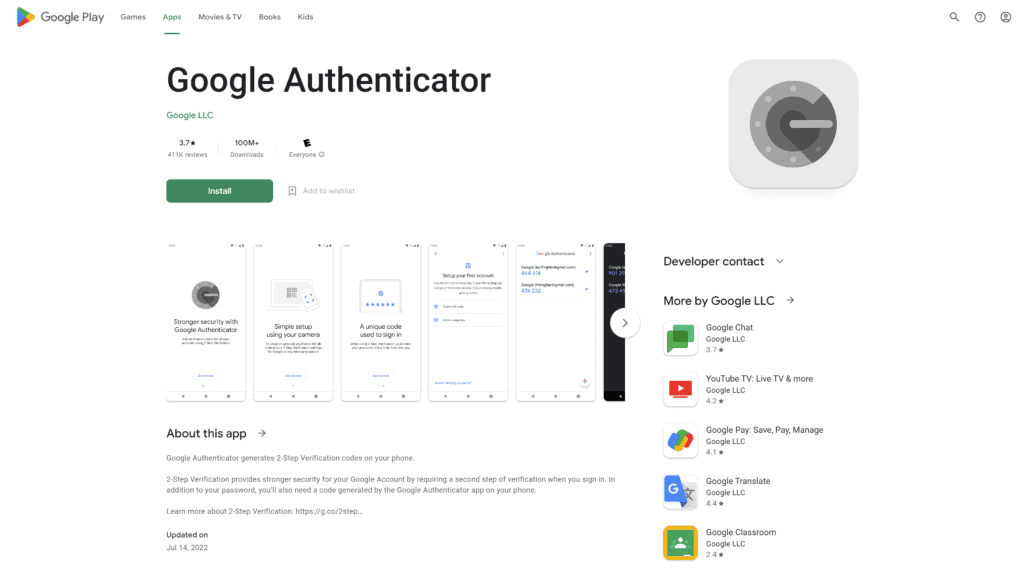 screenshot of the google authenticator homepage