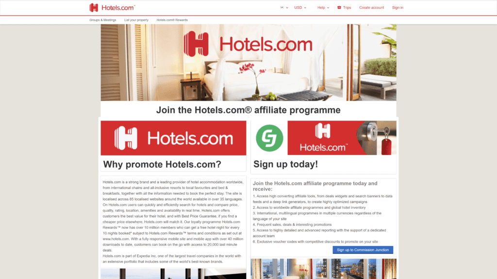 screenshot of the hotels.com affiliate program homepage