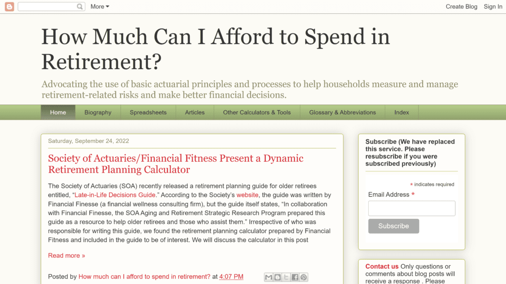 screenshot of the how much can i afford to spend in retirement homepage