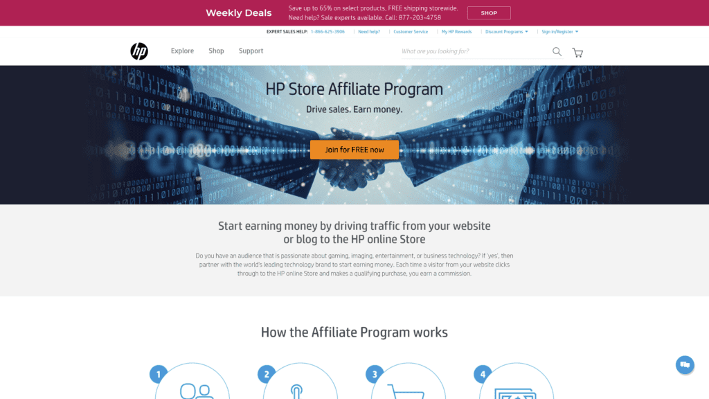 screenshot of the HP affiliate program homepage