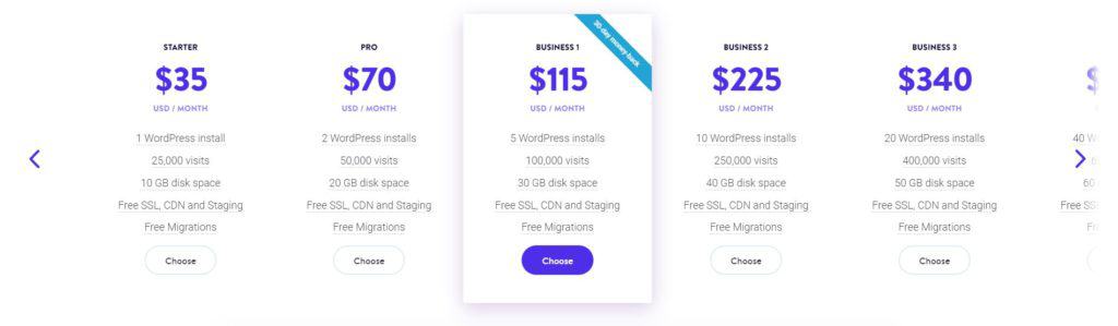 screenshot of the kinsta pricing table