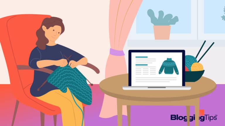 vector graphic showing an illustration of a woman knitting, next to the an illustration of knitting blogs on her computer screen