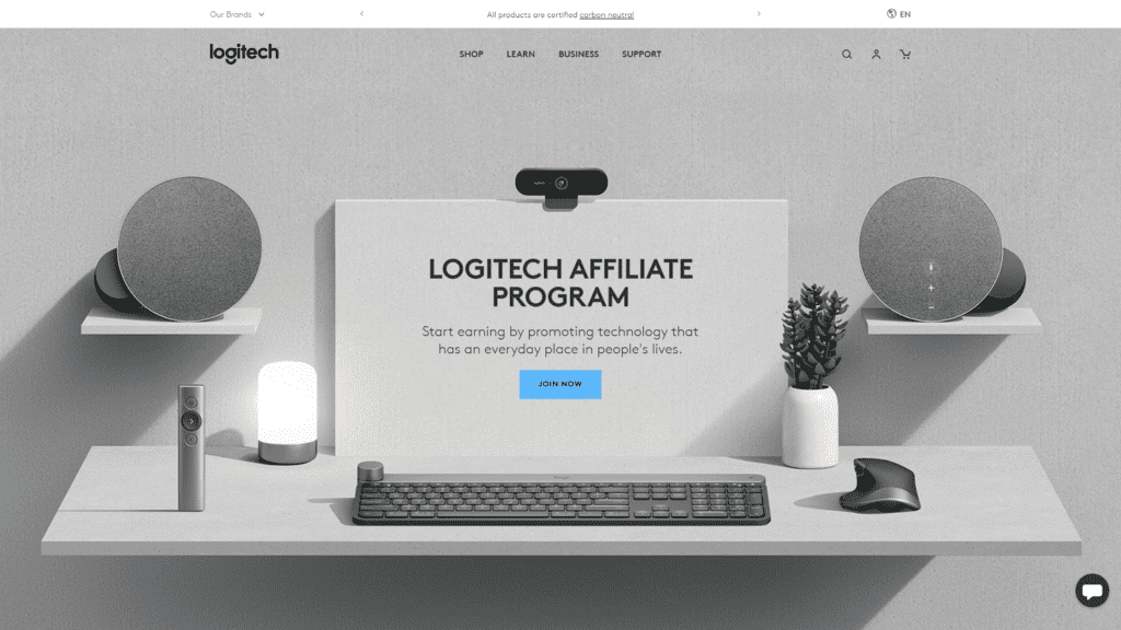 screenshot of the logitech affiliate program homepage