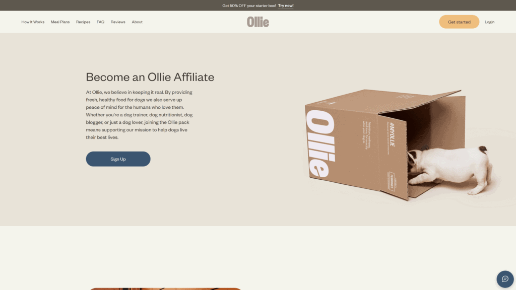 screenshot of the ollie affiliate program homepage