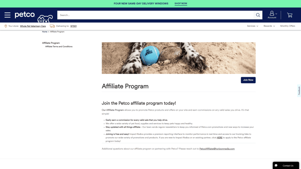 screenshot of the petco affiliate program homepage