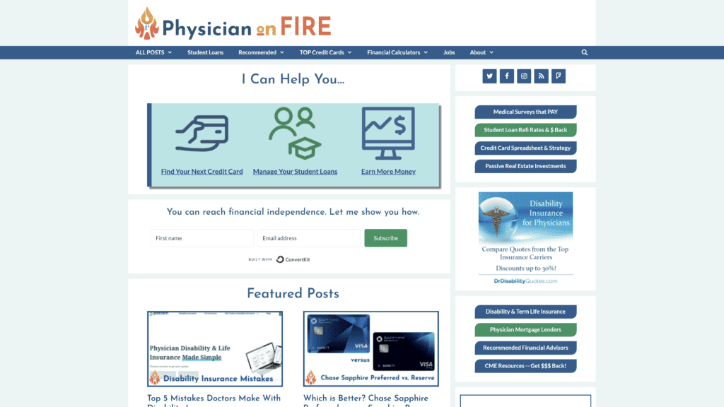 screenshot of the physician on fire homepage