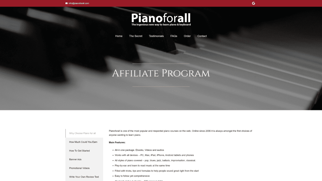 screenshot of the pianoforall homepage
