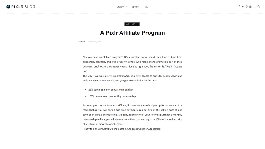 screenshot of the pixlr affiliate program homepage