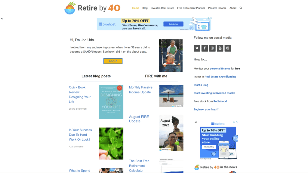 screenshot of the retire by 40 homepage