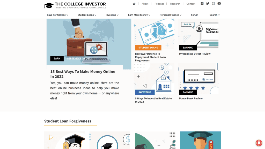 screenshot of the college investor homepage