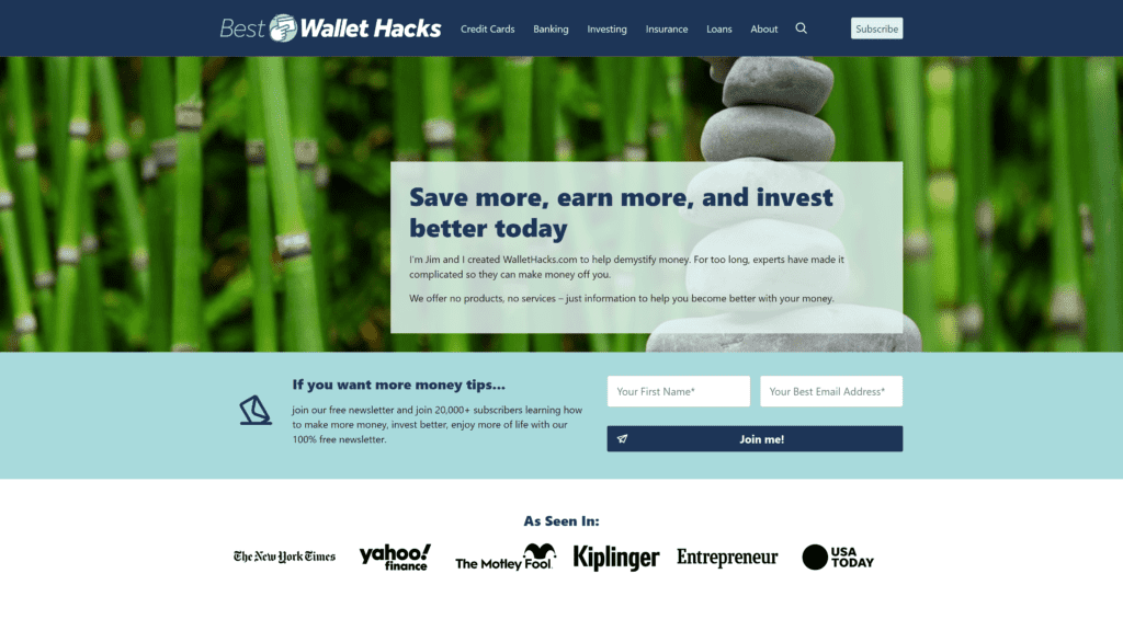 screenshot of the wallet hacks homepage