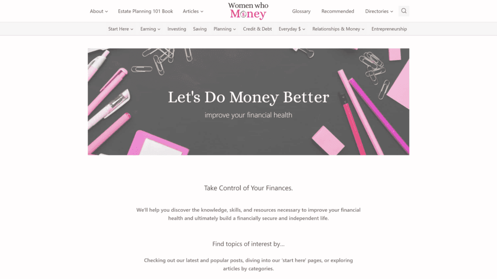 screenshot of the women who money homepage