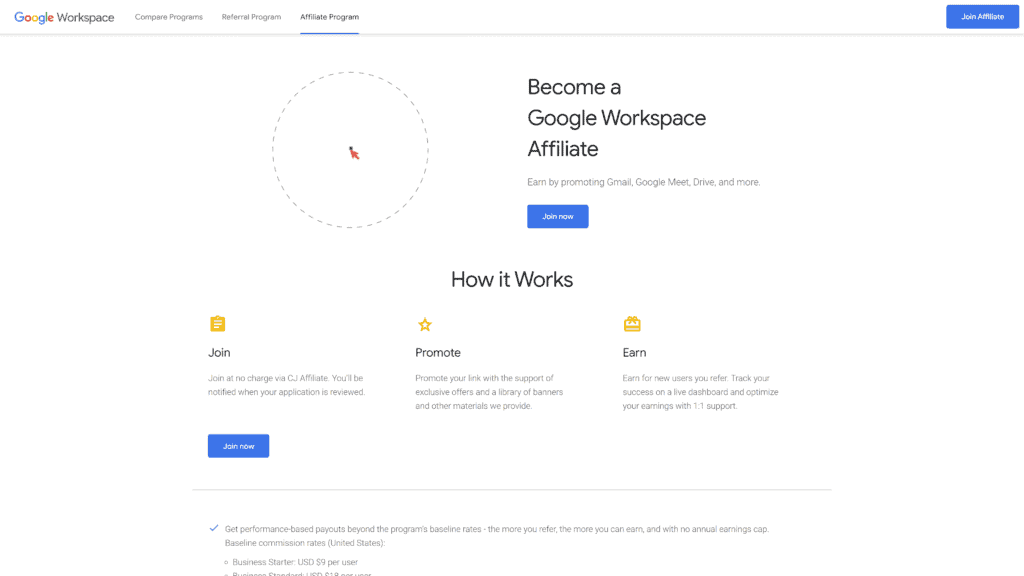 screenshot of the google workspace affiliate program homepage