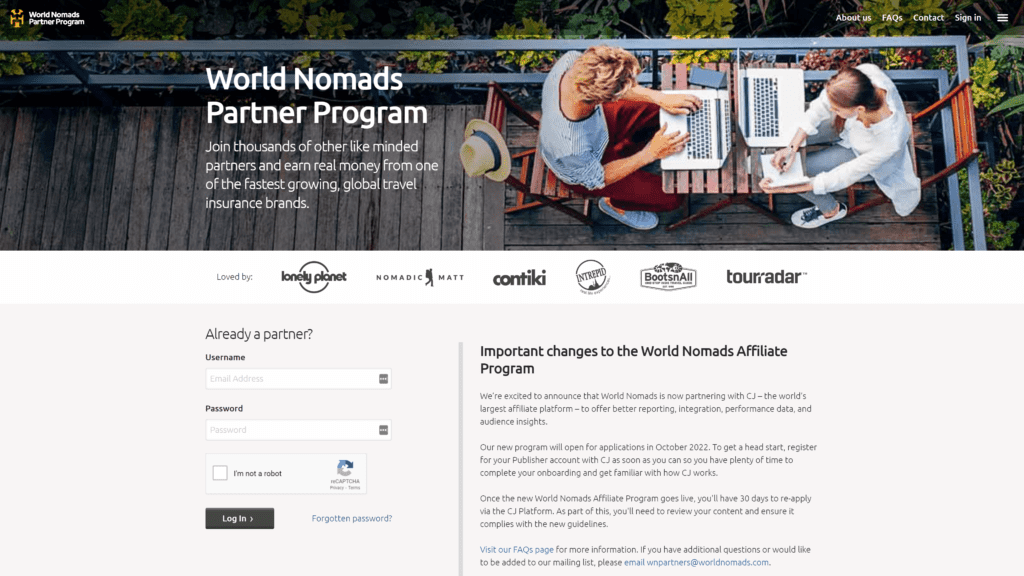screenshot of the world nomads affiliate program homepage