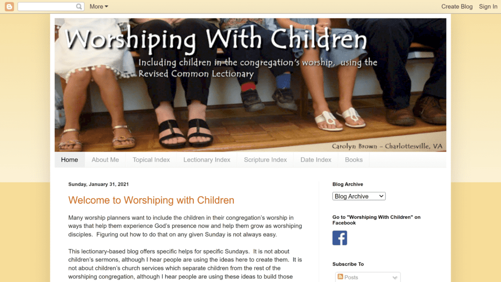 screenshot of the worshipping with children homepage