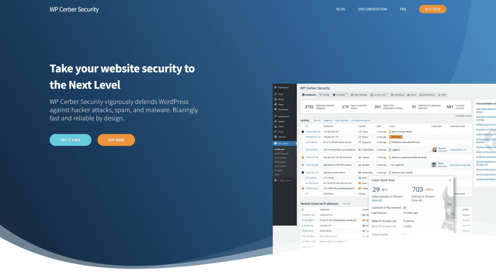 screenshot of the WP Cerber Security homepage