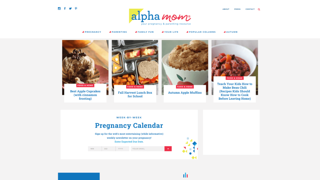 screenshot of the alpha mom homepage