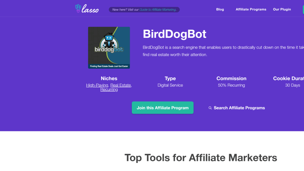 screenshot of the birddogbot affiliate program homepage